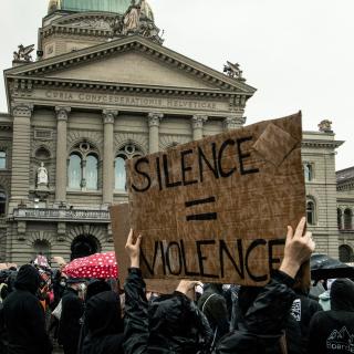 Silence = Violence sign at Black Lives Matter protest in Bern, Switzerland on 13.6.2020