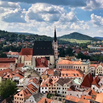 A view of the historic city of Český Krumlov, Czechia and surrounding landscape