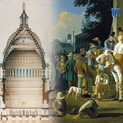 illustrations of revolt, African American man and US Capitol cross section